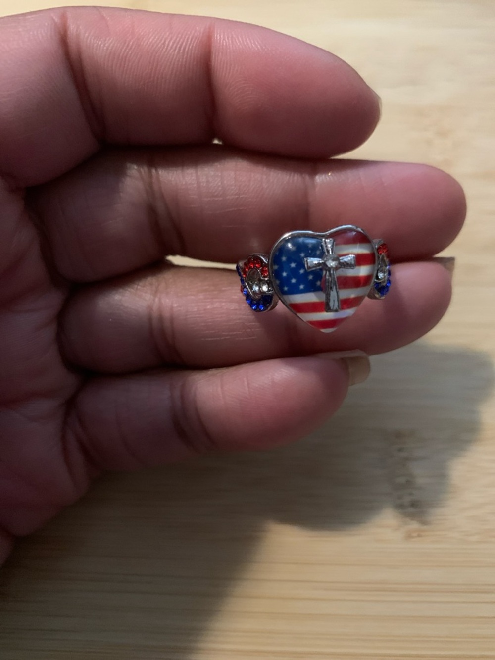 Patriotic Heart Ring with Cross Accent - Red, White & Blue